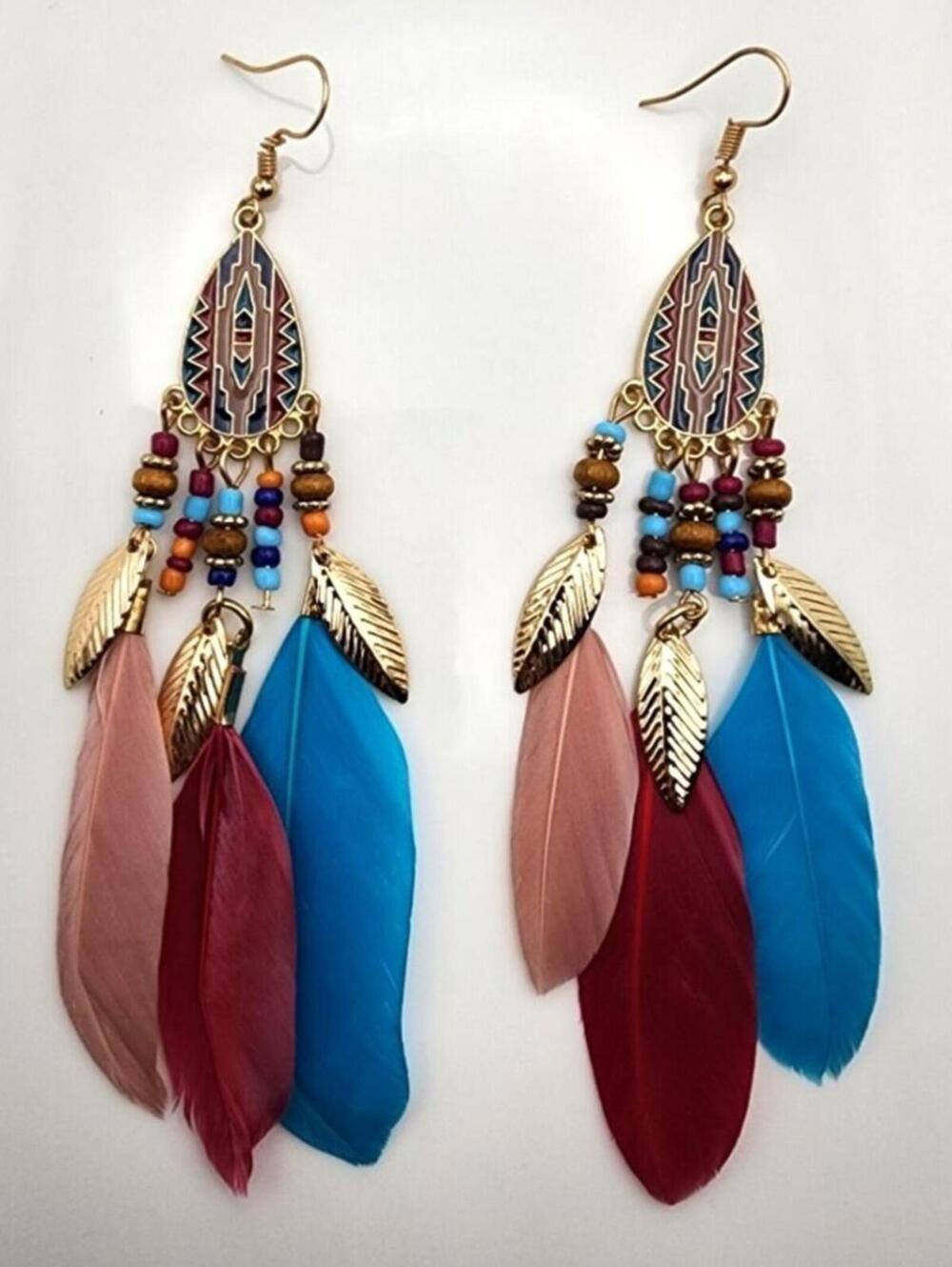 Aztec Horizon Multicolor Boho Feather Beaded Dangle Earrings